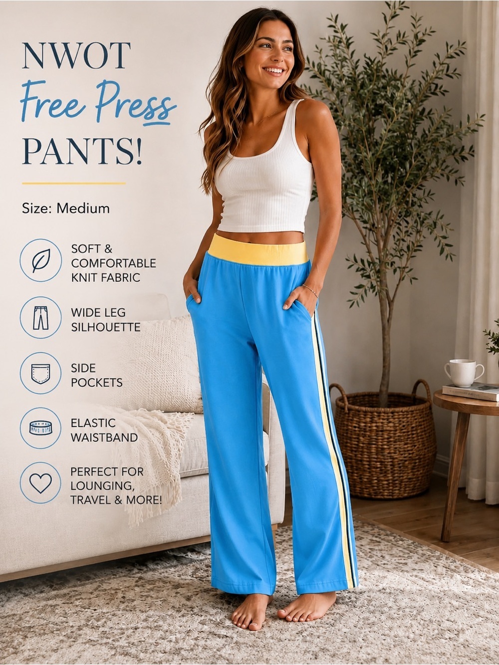 NWOT Free Press Blue Wide Leg Stripe Lounge Pants Women’s Medium